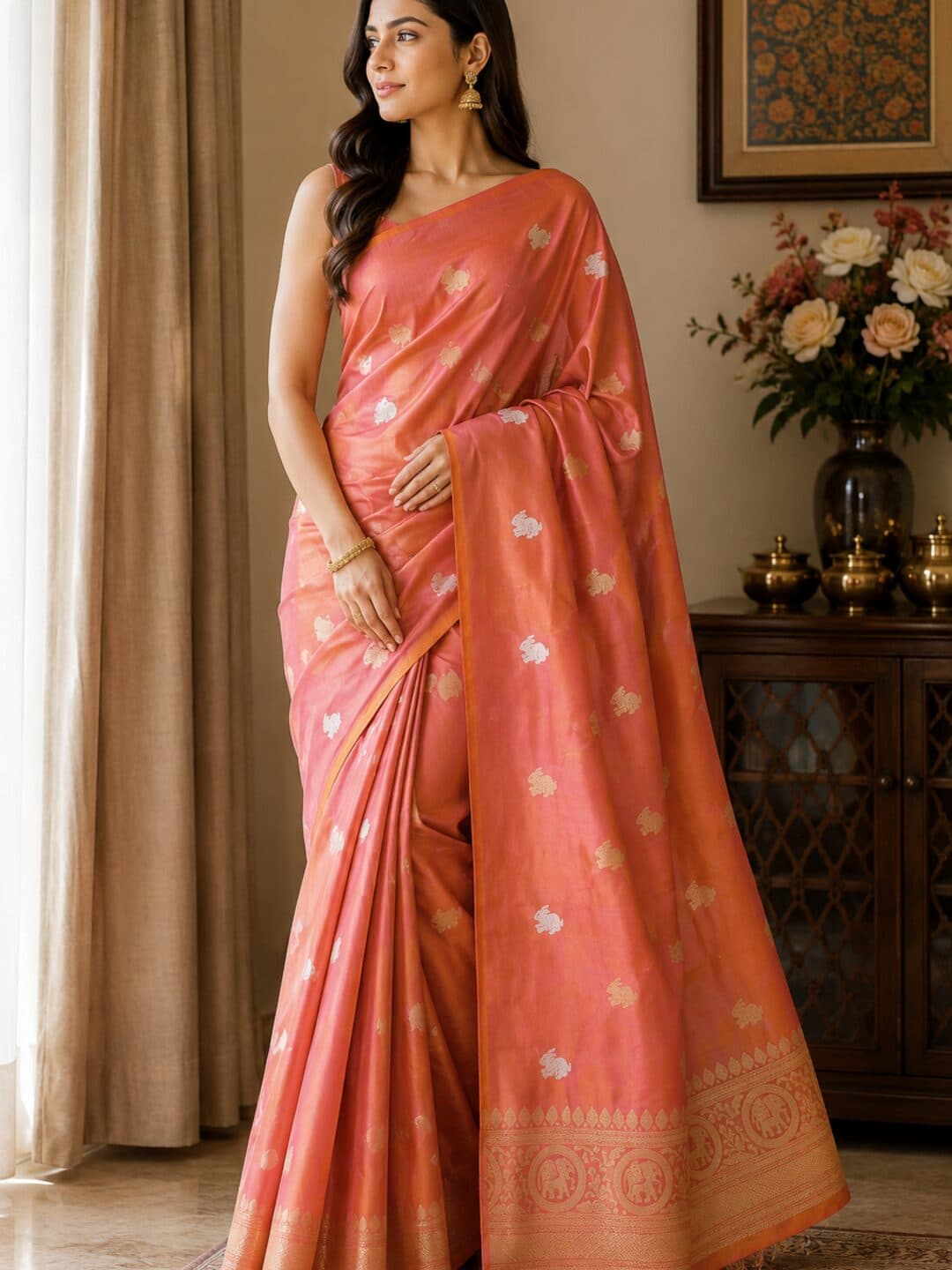 Peachish orange Banarasi katan silk saree scattered with small gold and silver rabbits and an elephant-roundel border