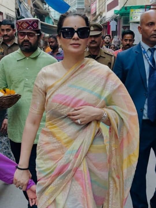 Kangana Ranaut wearing the pastel rangkat saree, its diagonal colour bands clearly visible