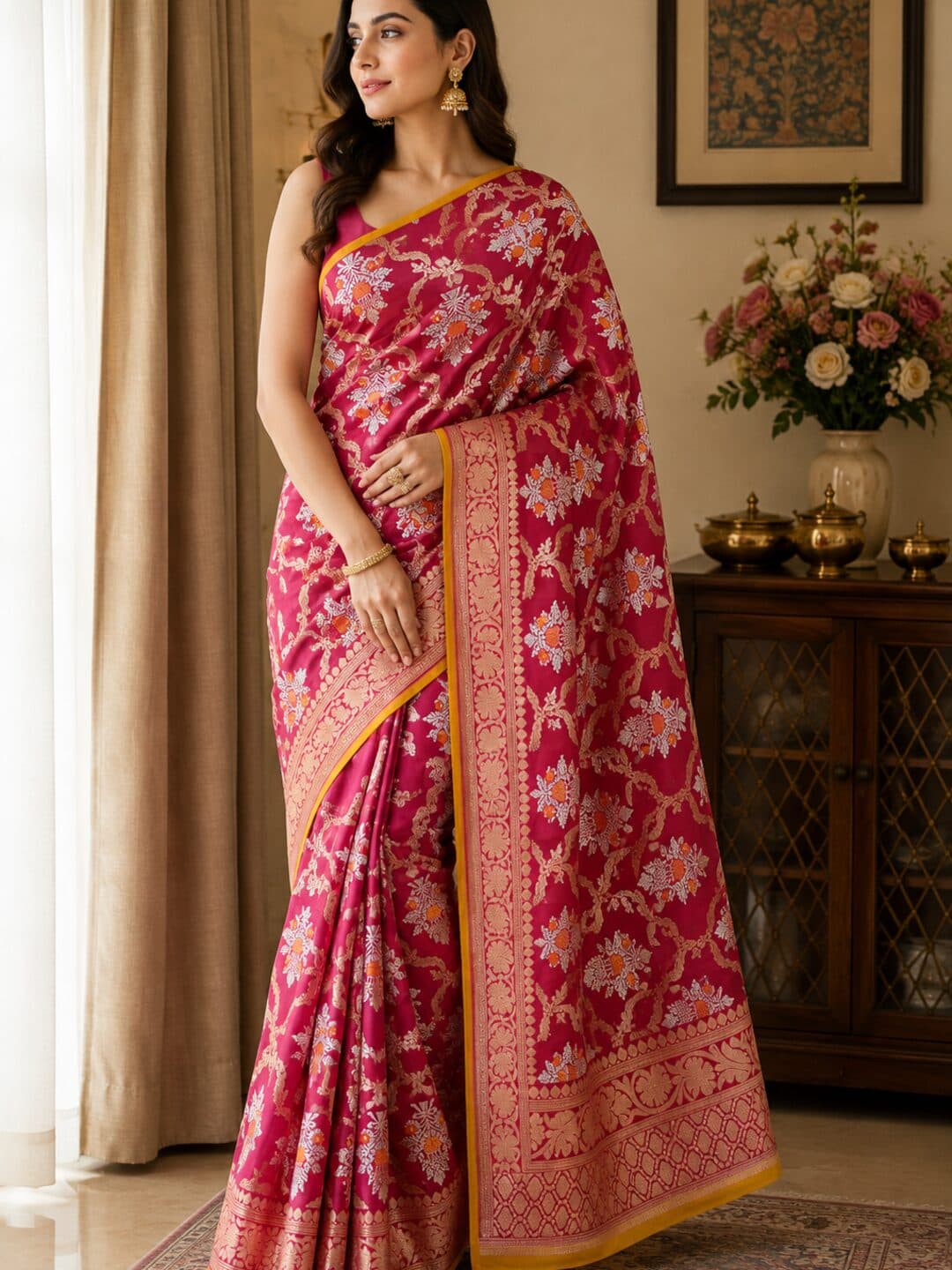 Wine-red Banarasi katan silk saree woven all over with small gold and silver florals and a wide mustard border