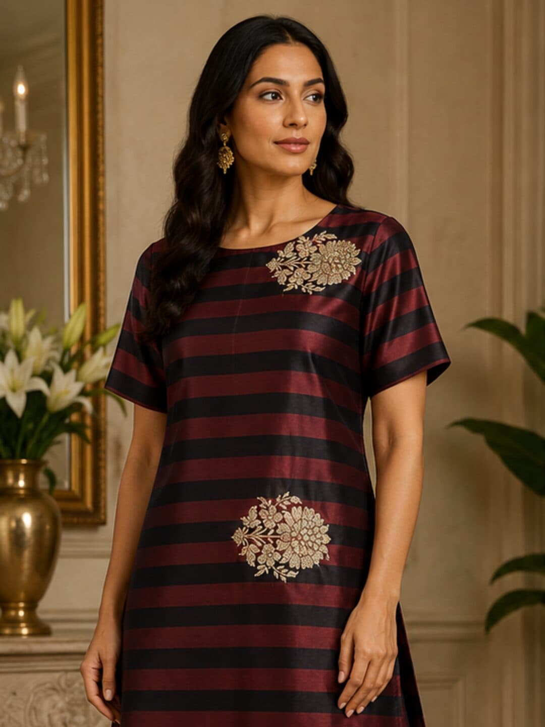 Deep black and wine red horizontally striped katan silk scattered with gold kadwa floral sprays
