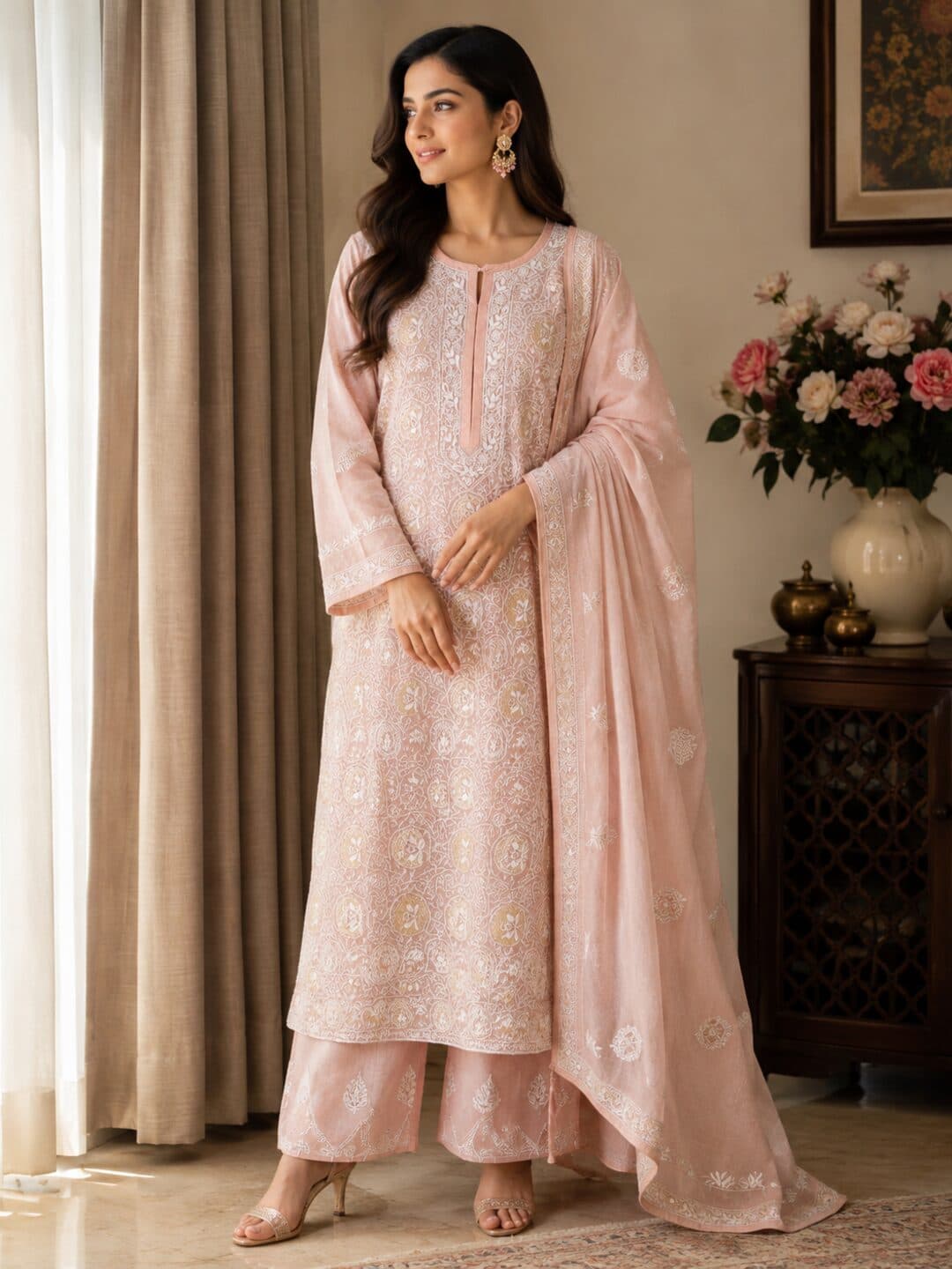 Light pink chikankari suit worked edge to edge in white and gold with zardozi medallions at the hem