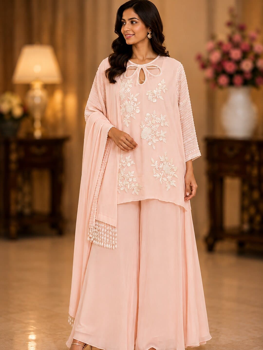 Blush pink georgette kurta with white floral embroidery on the yoke, worn with a full palazzo and a pearl-tasselled dupatta