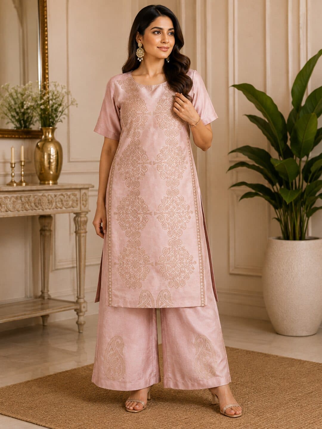 Soft blush katan silk with gold kadwa paisley and floral motifs woven along a decorative border