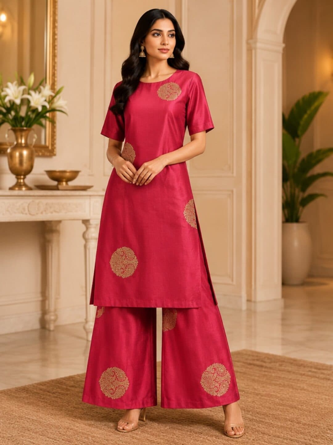 Rich fuchsia katan silk with round gold kadwa booti medallions woven into the cloth