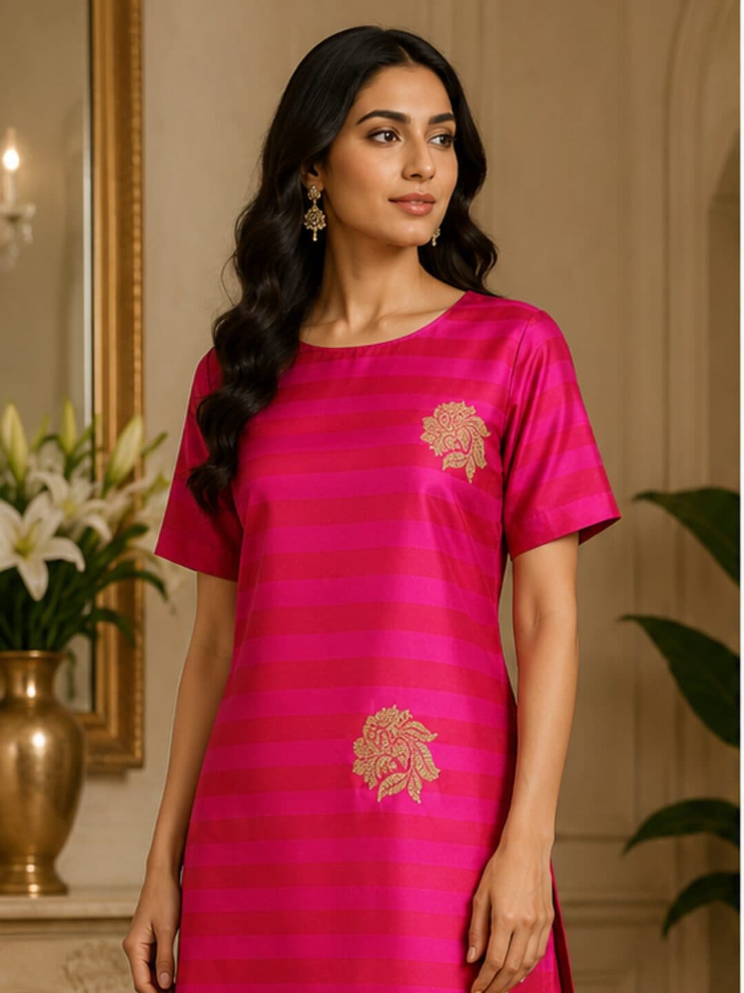 Bright fuchsia and magenta horizontally striped katan silk scattered with gold kadwa floral sprays