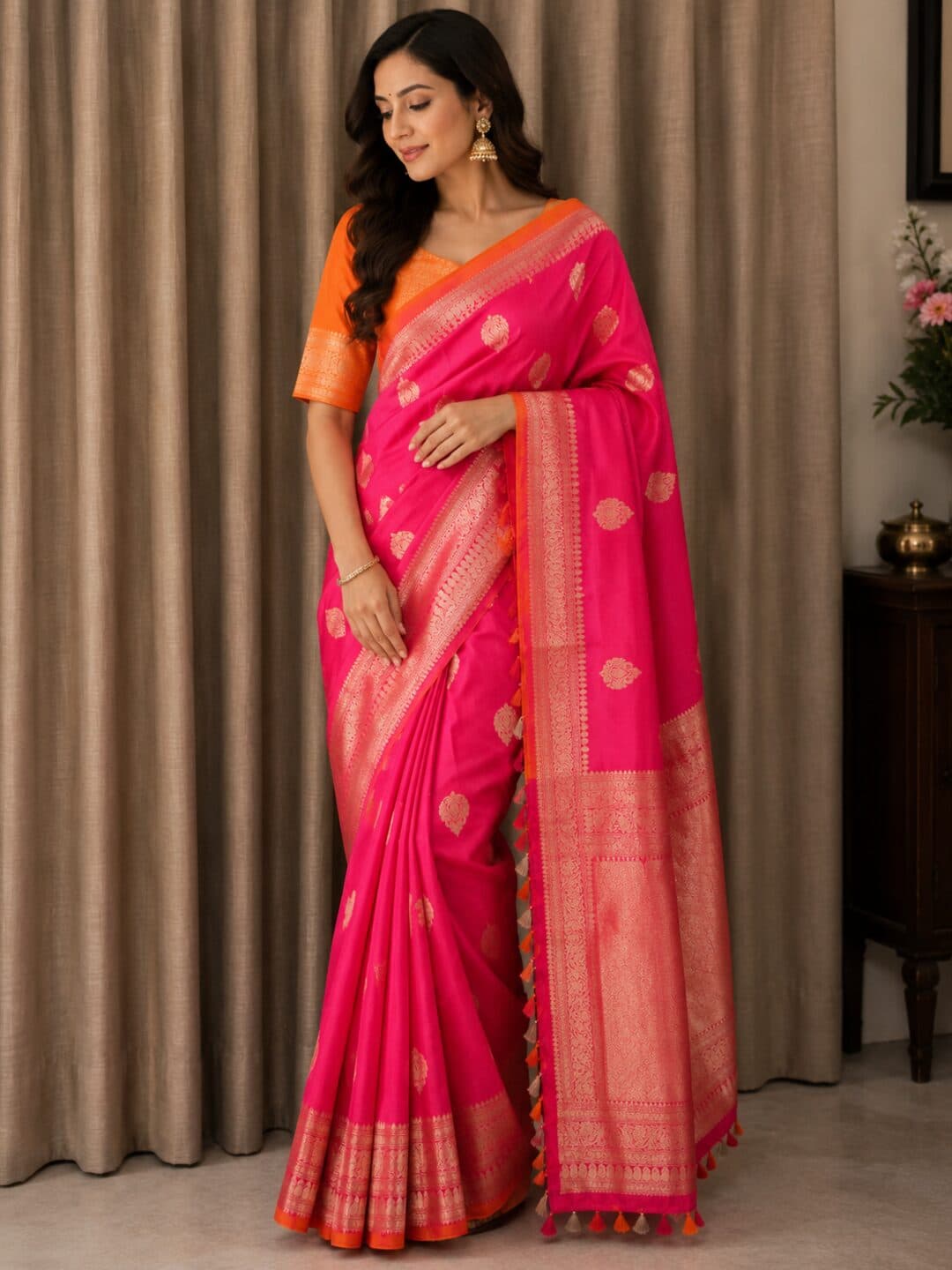 Hot pink ombre organza saree with gold booti and a gold border, shown with its orange blouse piece