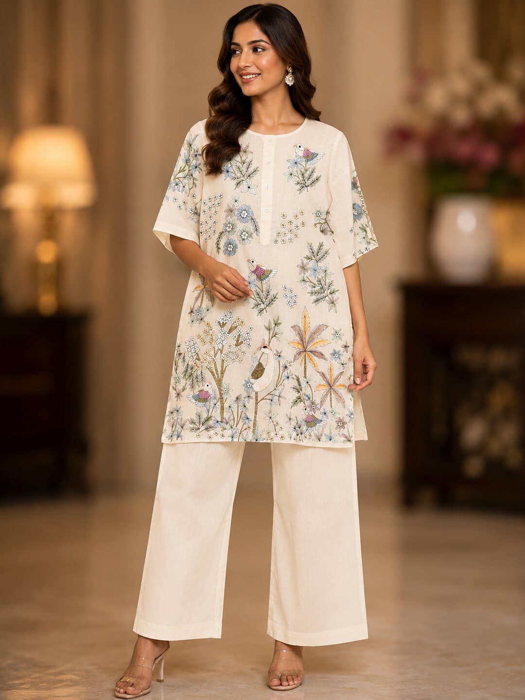 Ivory cotton co-ord embroidered with fern, thistle and wildflower stems and small birds in faded green, blue and rose