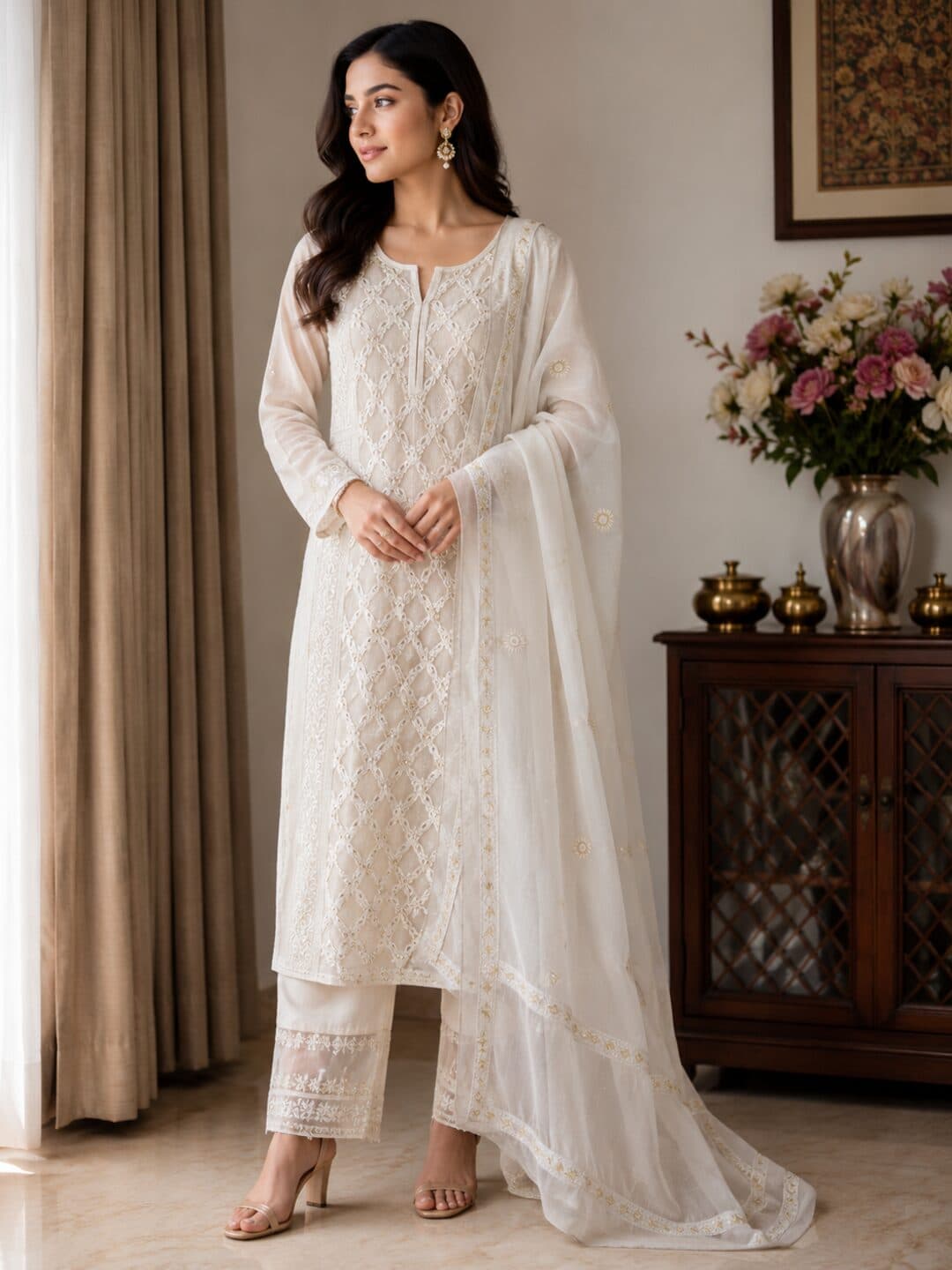 Ivory chikankari kurta with a dense diamond jaal lifted by gold zardozi and beadwork, worn with a matching dupatta