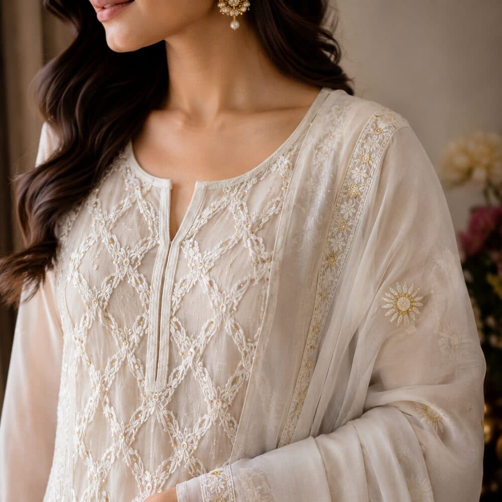 Ivory Chikankari Zardozi Suit, the weave in close detail