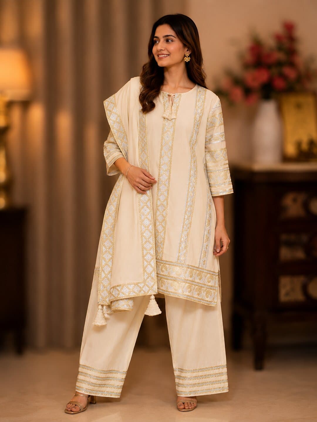Ivory georgette kurta panelled in gold gota patti with a bordered dupatta and matching palazzo