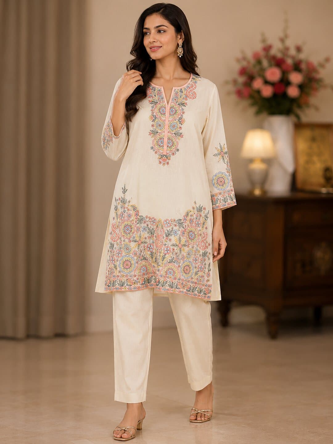 Ivory cotton kurta with pastel embroidery at the neck placket, cuffs and a wide flowering border at the hem