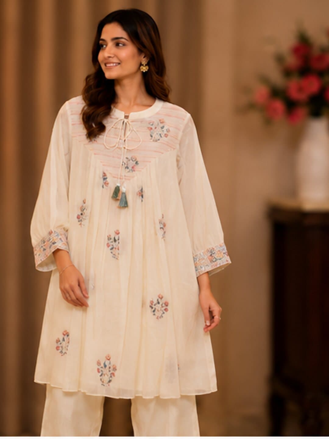 Ivory kurta with a pintucked yoke, scattered pastel floral embroidery and tasselled drawstring