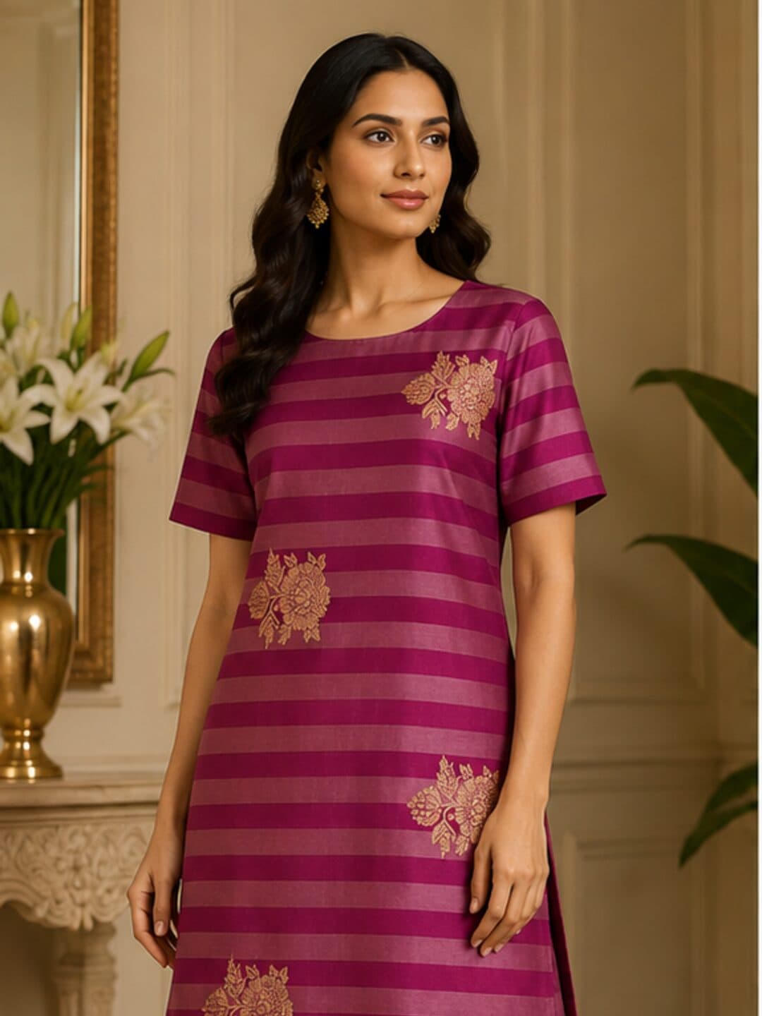Magenta and rose pink horizontally striped katan silk scattered with gold kadwa floral sprays