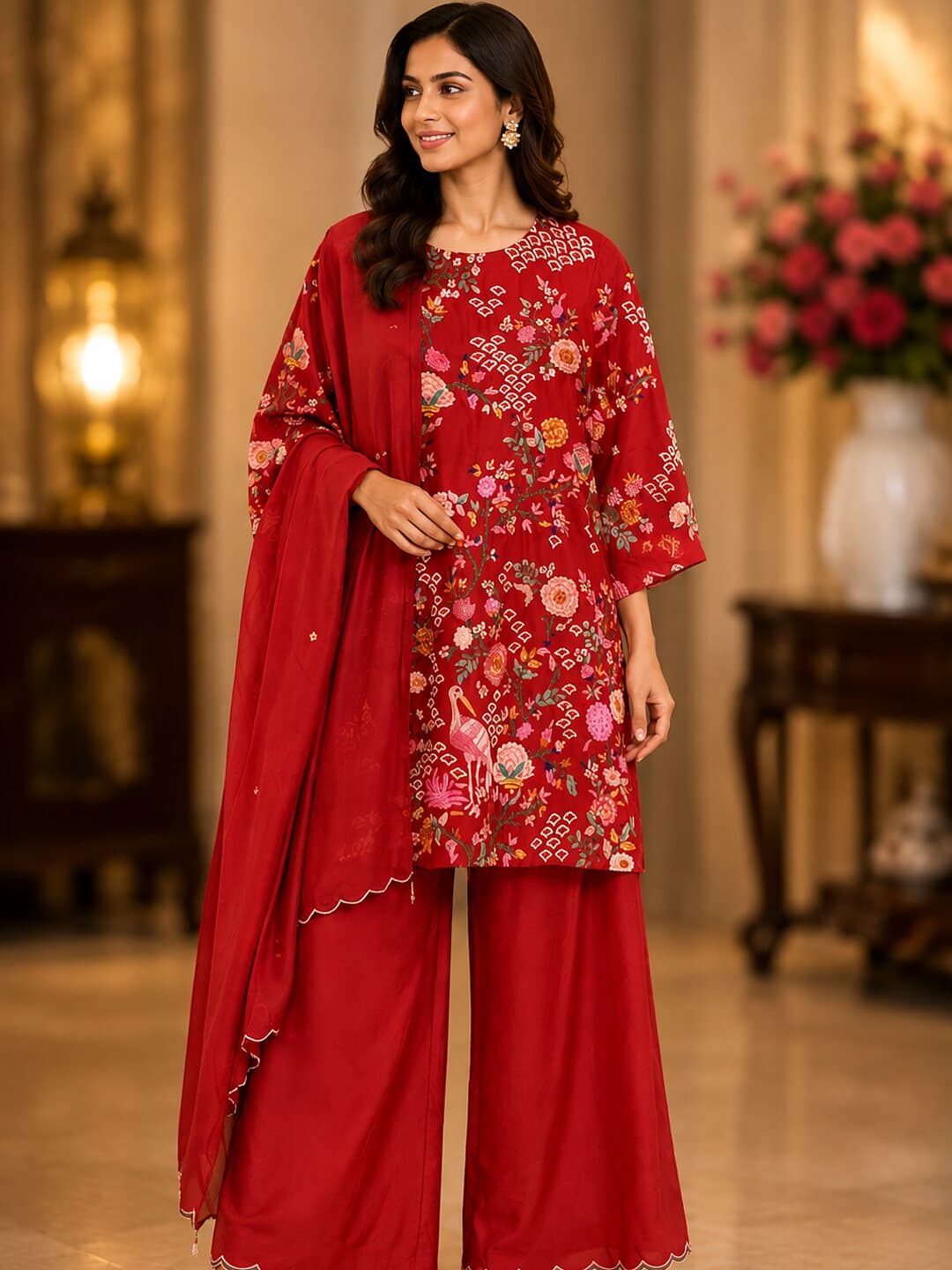 Deep maroon kurta crowded with rose, coral and gold floral embroidery, worn with a scalloped palazzo and matching dupatta