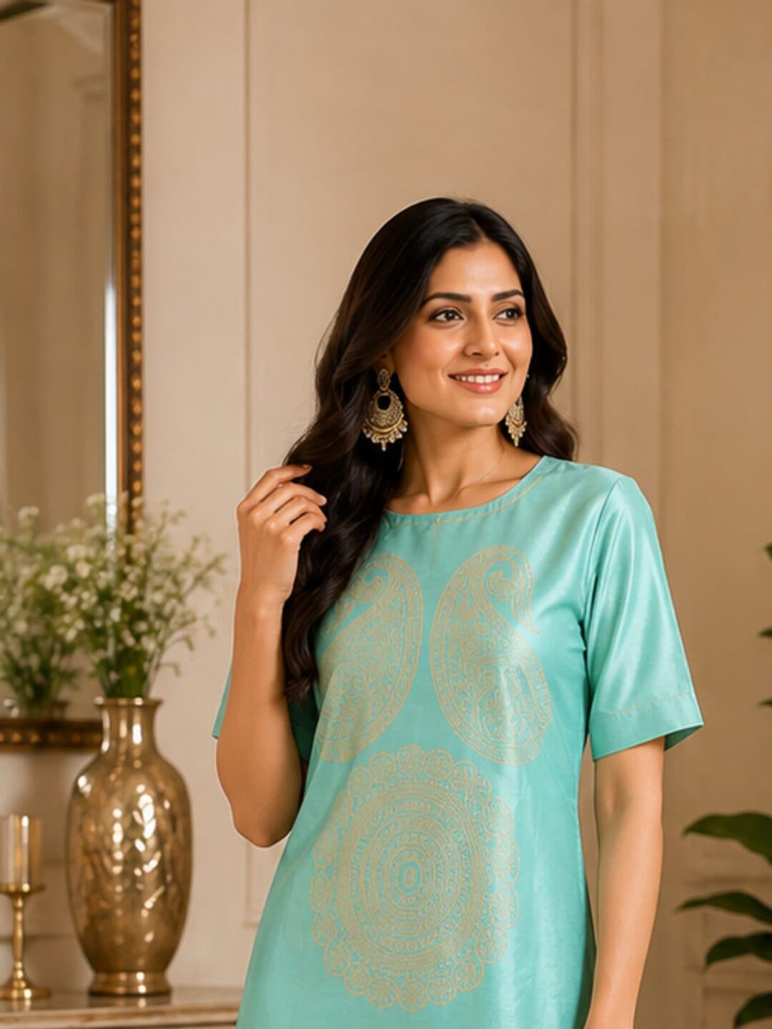 Soft mint katan silk with gold kadwa paisley and medallion motifs woven into the cloth