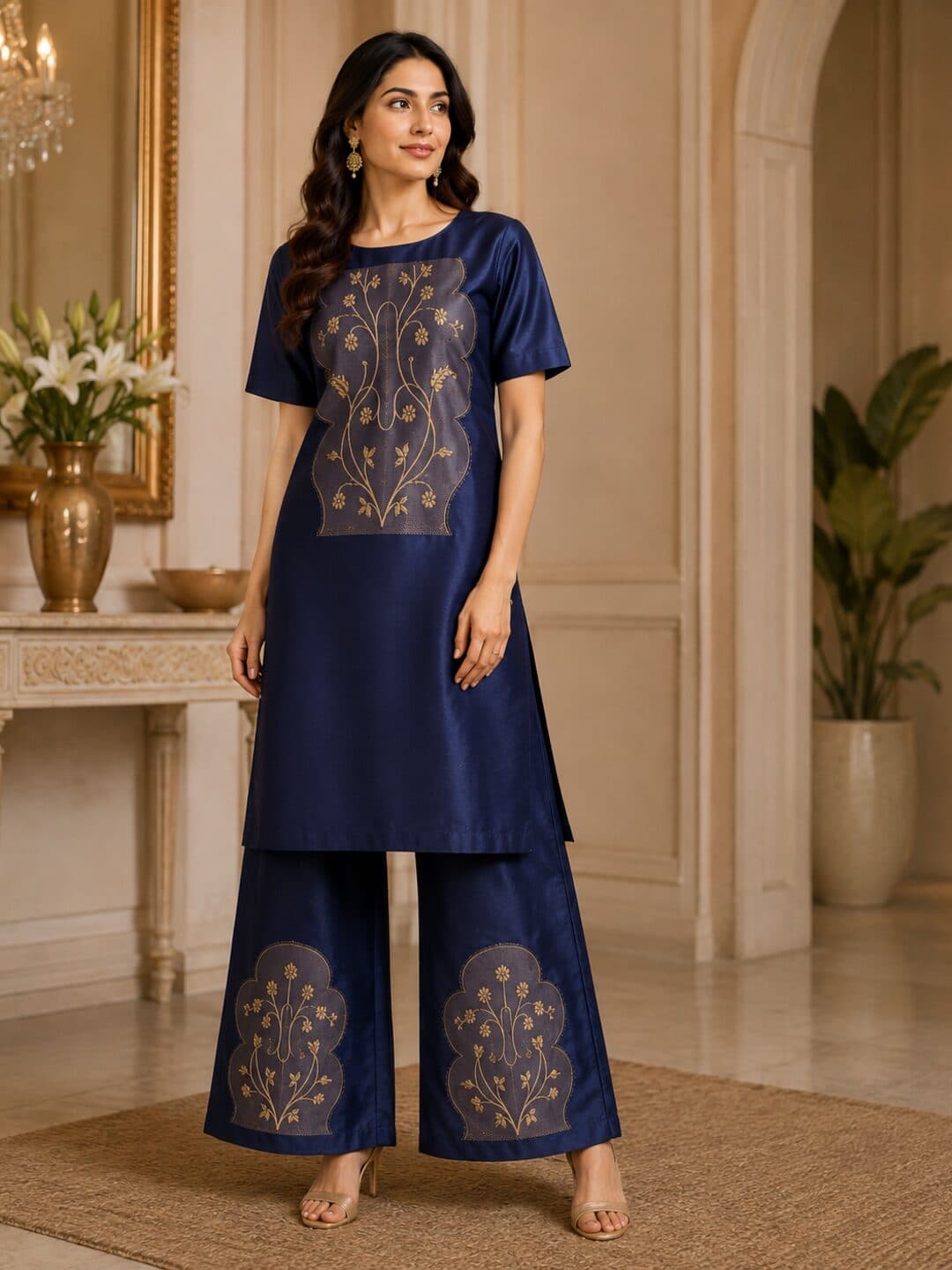 Deep navy katan silk with a gold kadwa floral vine woven inside a scalloped panel