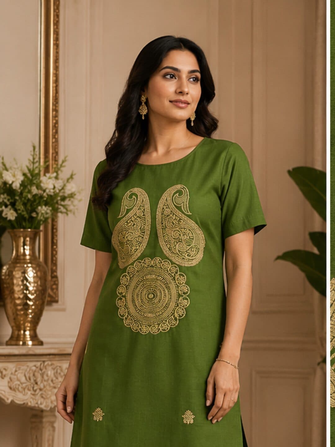 Olive green katan silk with gold kadwa paisley and medallion motifs woven into the cloth
