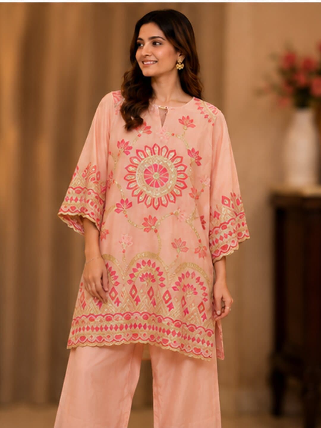 Peach kurta with a large rose and green floral medallion embroidered at the centre and a scalloped embroidered hem