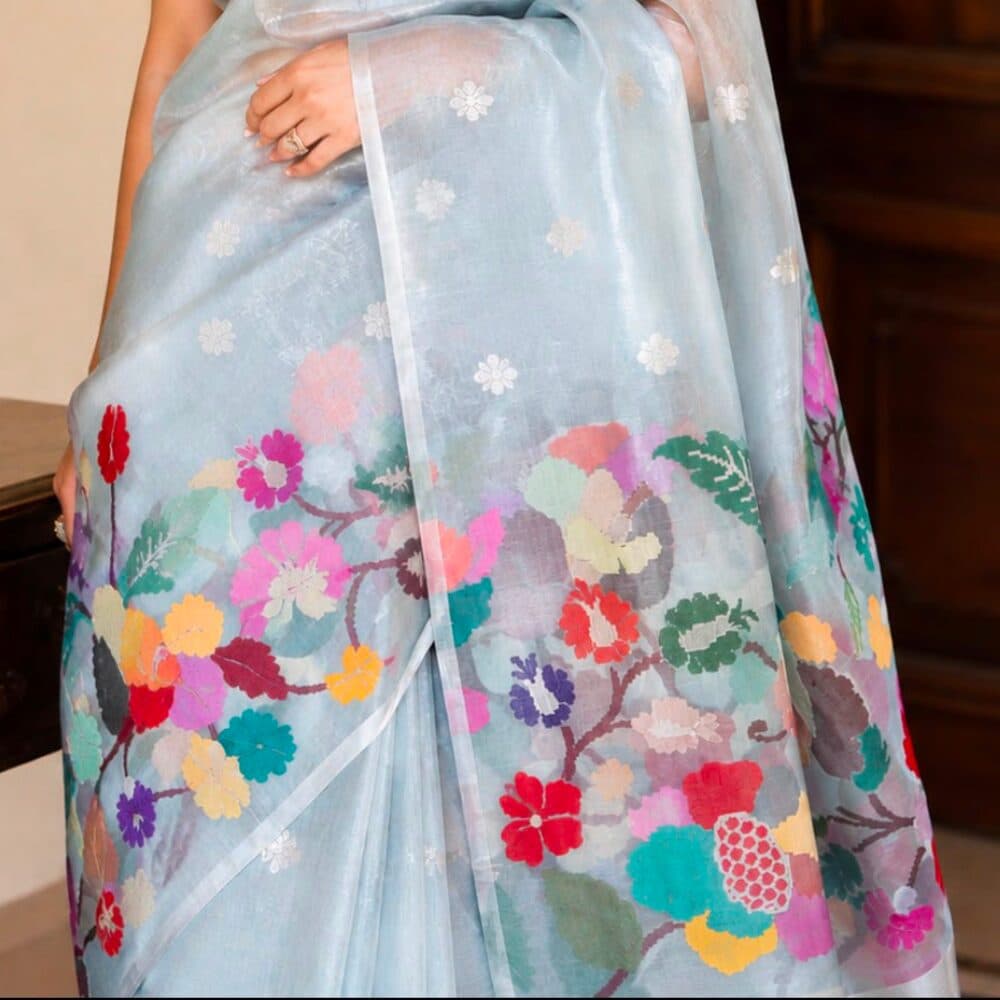 Powder Blue Jamdani Organza, the weave in close detail