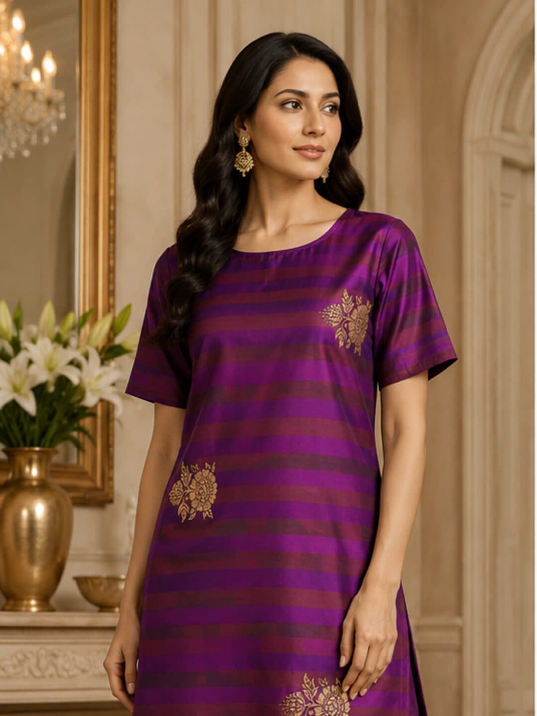 Purple and wine striped katan silk with a gold kadwa floral spray woven into the cloth