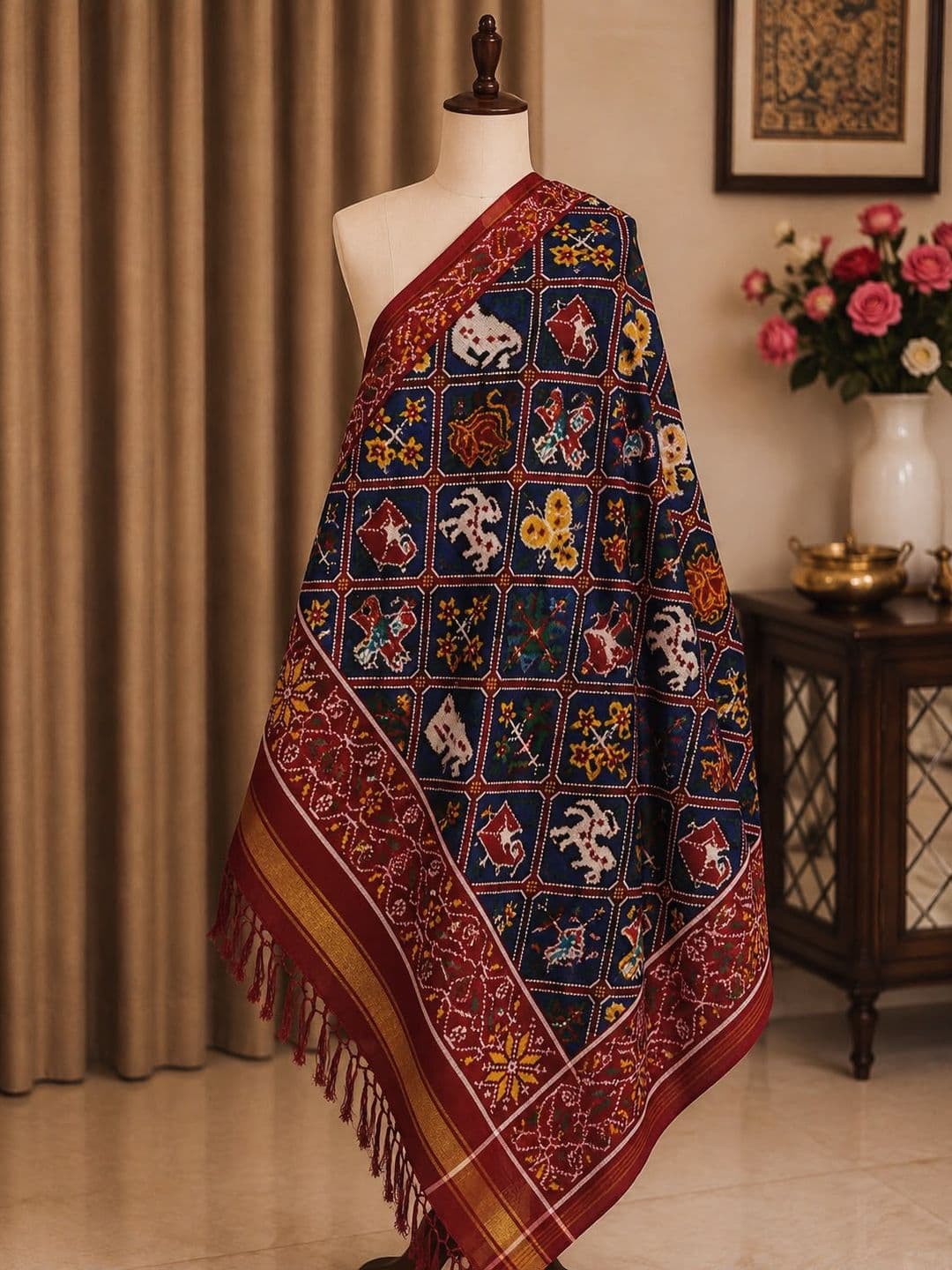 Royal blue patola dupatta patterned with a grid of woven white elephants, rosettes and figures in red diamonds, bordered in deep red striped with white and gold zari