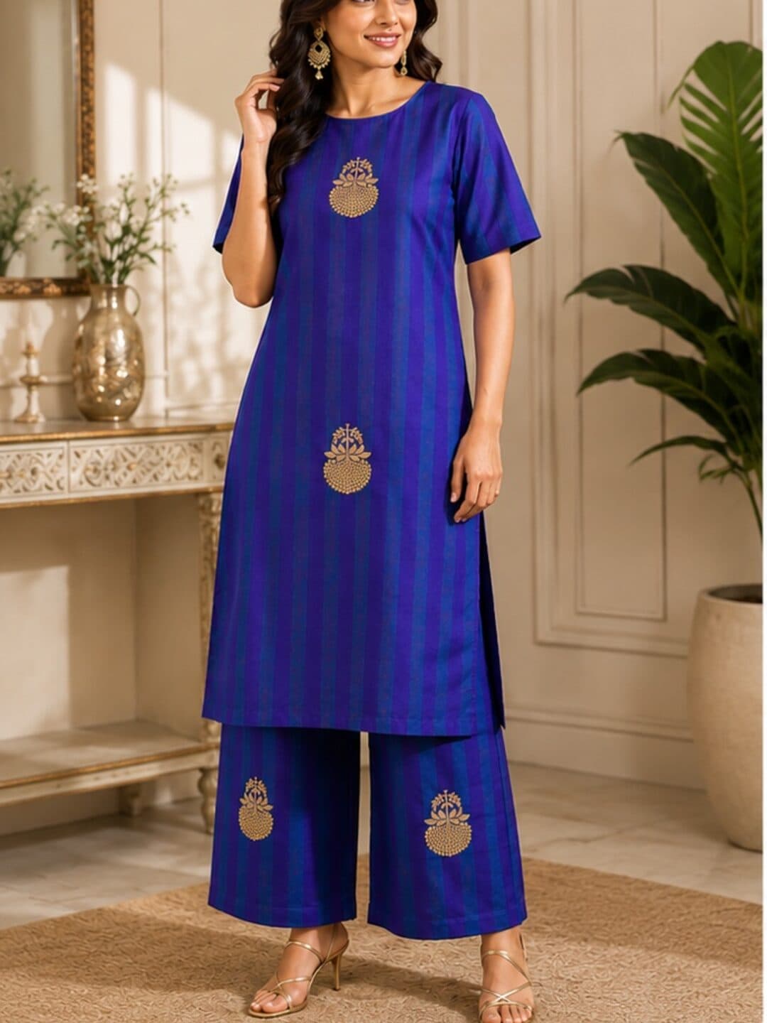 Royal blue and purple striped katan silk with a gold kadwa booti medallion woven into the cloth