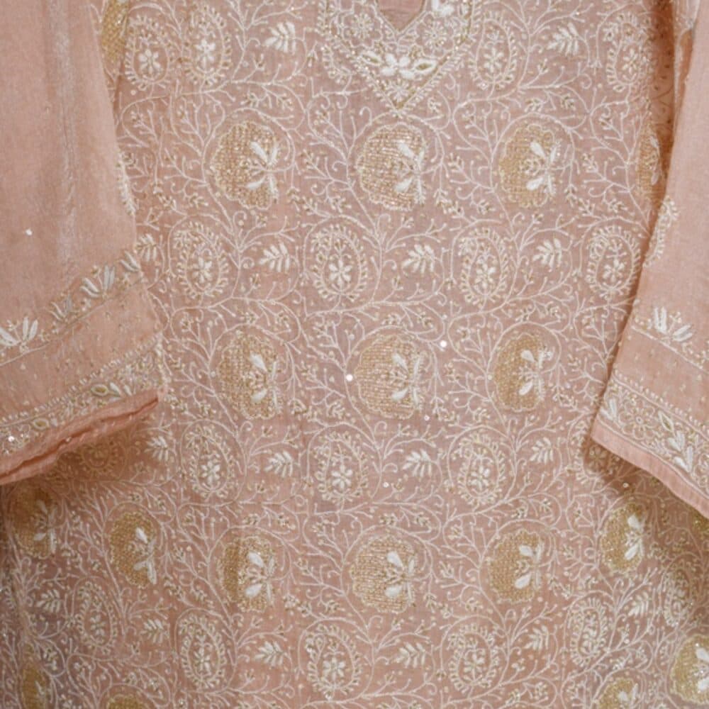 Light Pink Chikankari Zardozi Suit, the weave in close detail