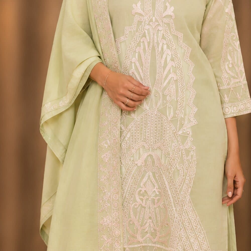 Sage Chikankari Set, the weave in close detail